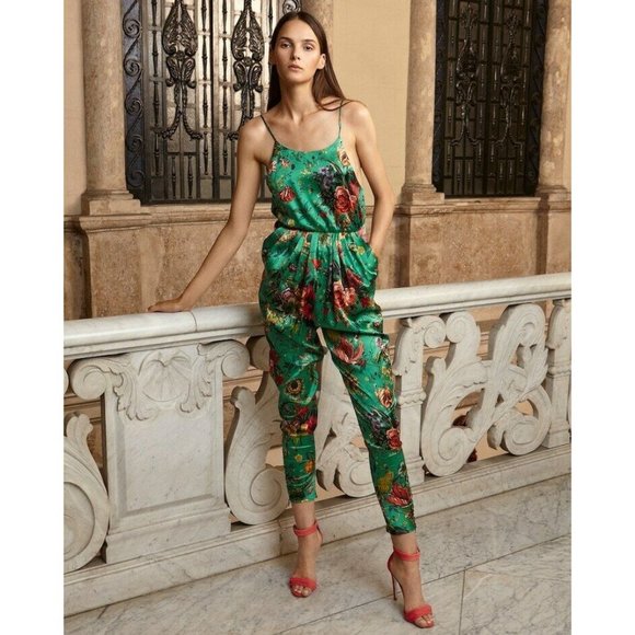Adriana Iglesias Pants - Adriana Iglesias Donna Green Floral Jumpsuit Slim Fit Open Strappy Back Silk- 40